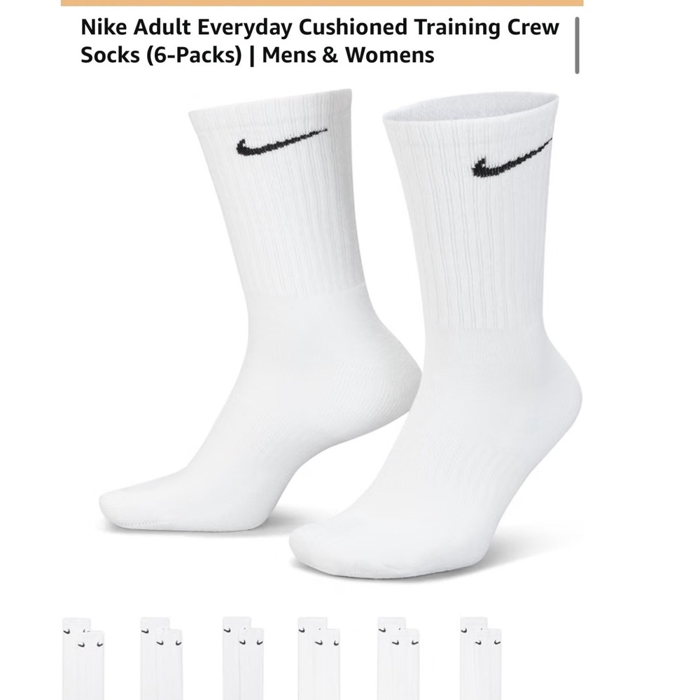NEW Nike Everyday Cushioned Training Crew Socks Adult L White 6-Pack Dri-FIT